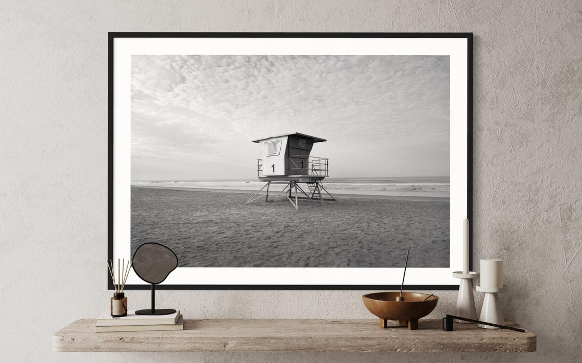 Lifeguard Stand Black and White Beach Photography Print Coastal Decor