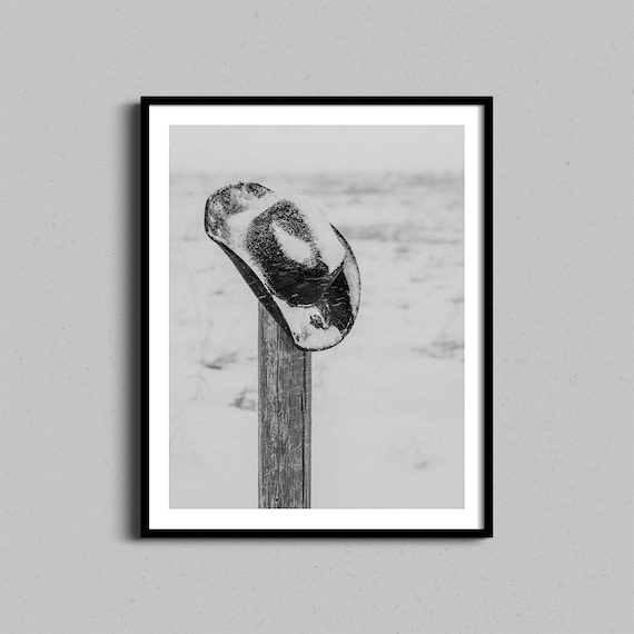 Snowy Cowboy Hat On Wooden Fence Post Black White Winter Poster