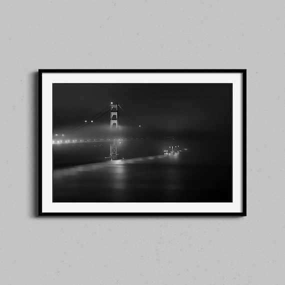 Golden Gate Bridge Foggy Night Black White San Francisco Poster