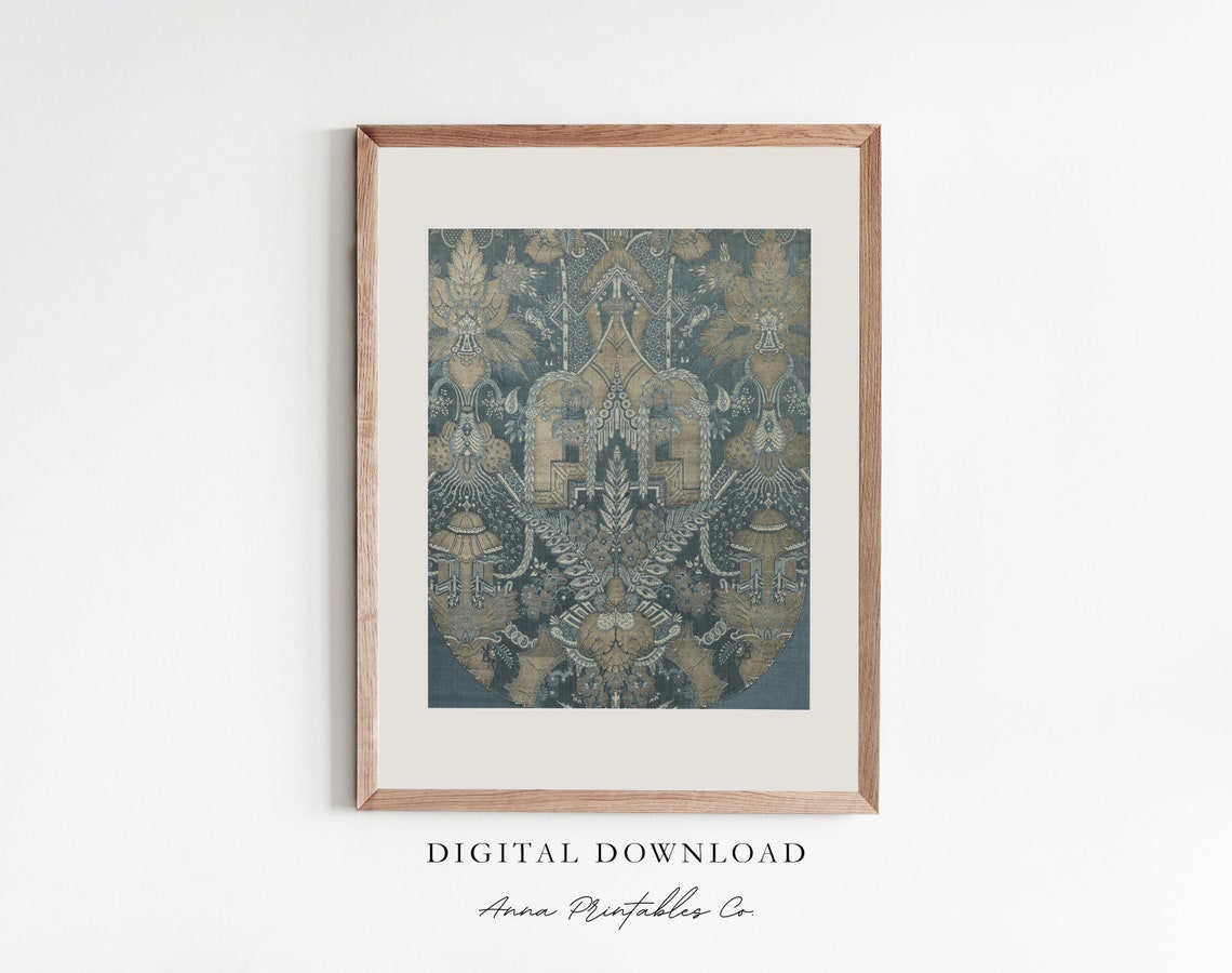 Antique Damask Tapestry Pattern Teal Gold Textile Design Print