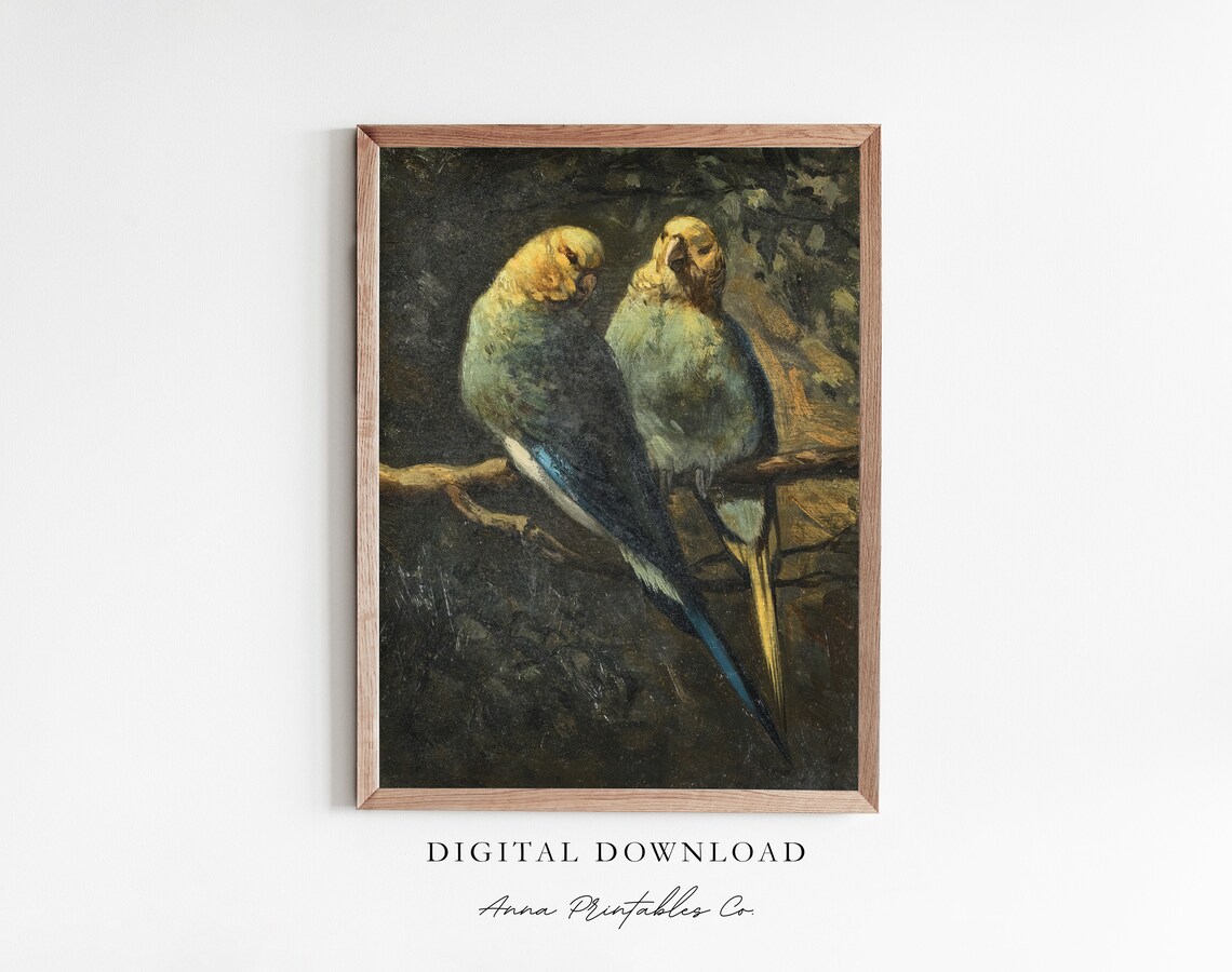 Two Parrots Antique Bird Painting, Rustic Decor