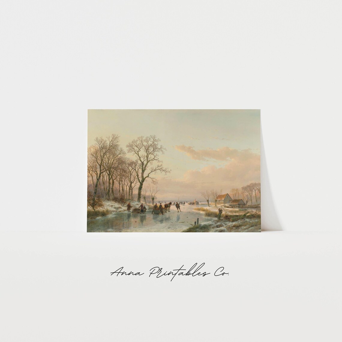 Frozen Canal with Ice Skaters at Sunset Vintage Winter Art Poster