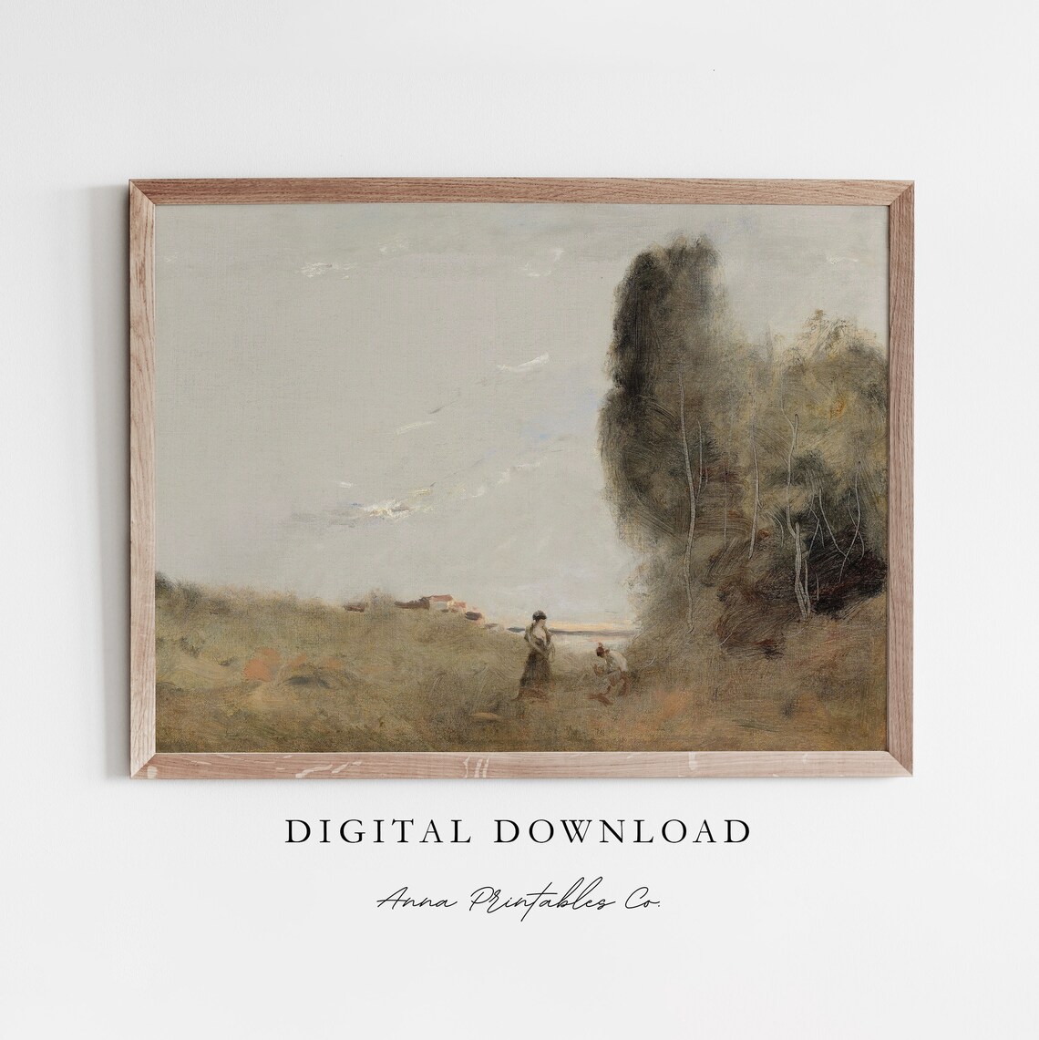 Tonalist Field Figures Misty Vintage Landscape Painting Poster