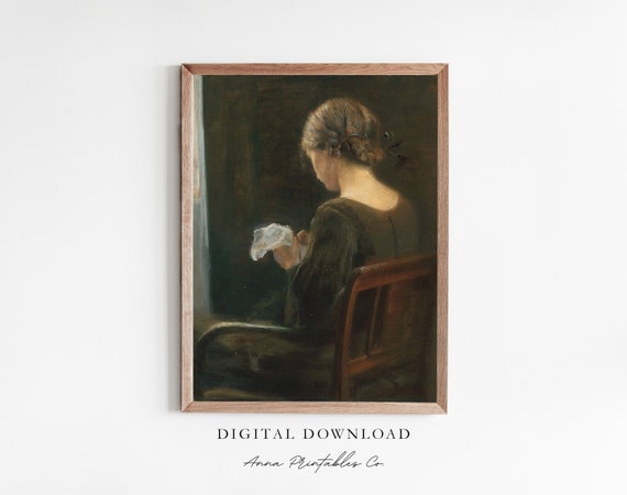 Woman Sewing Victorian Portrait, Moody Vintage Art Print