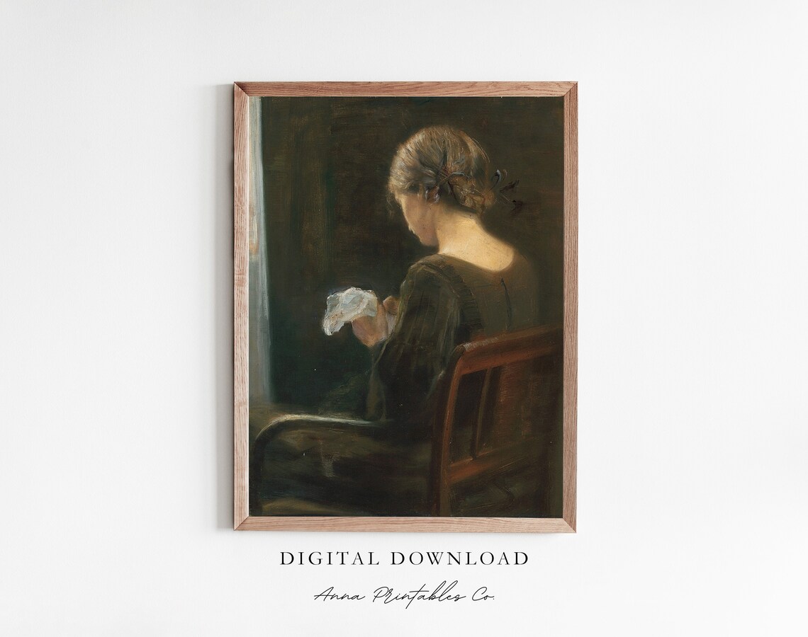 Woman Sewing Victorian Portrait, Moody Vintage Art Print