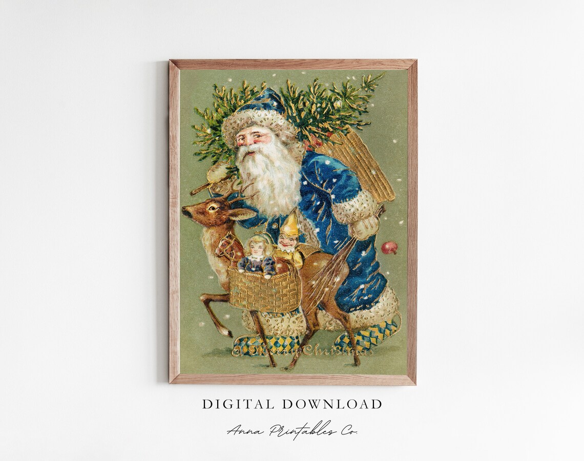 Vintage Santa Claus With Reindeer Antique Christmas Holiday Art Poster