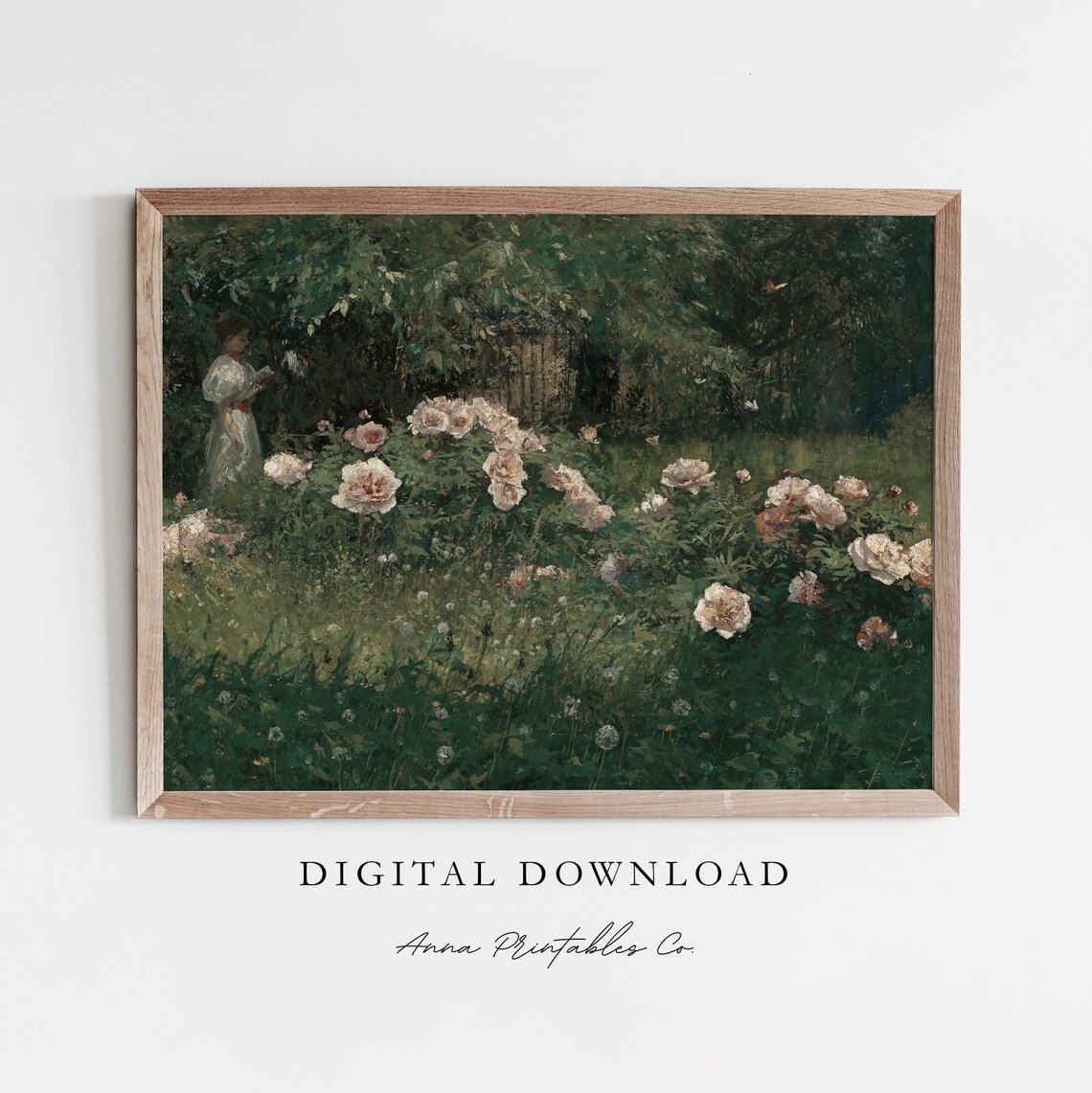 Woman In A Rose Garden Vintage Oil Painting Print