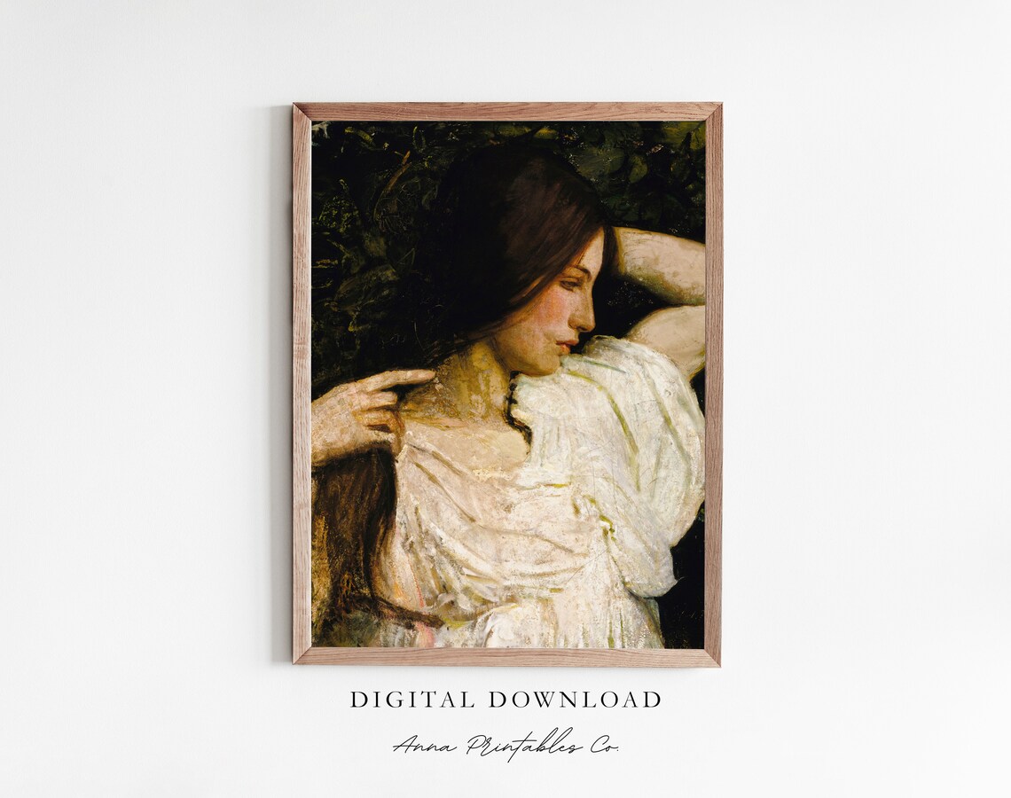 Long Haired Maiden Antique Portrait Dark Classical Oil Painting Poster