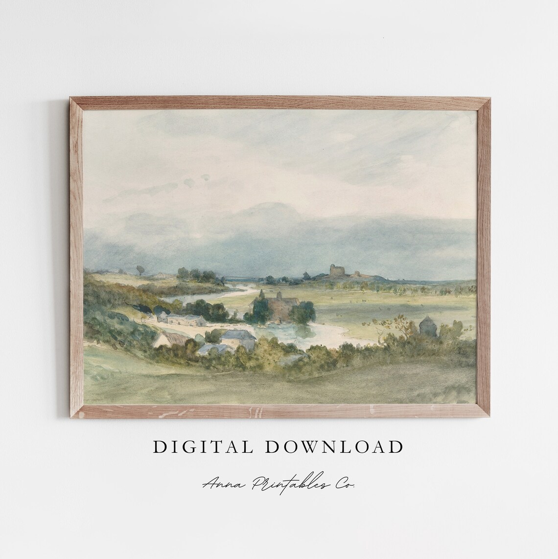 Misty Watercolor Village in the Valley Serene Pastoral Painting Print
