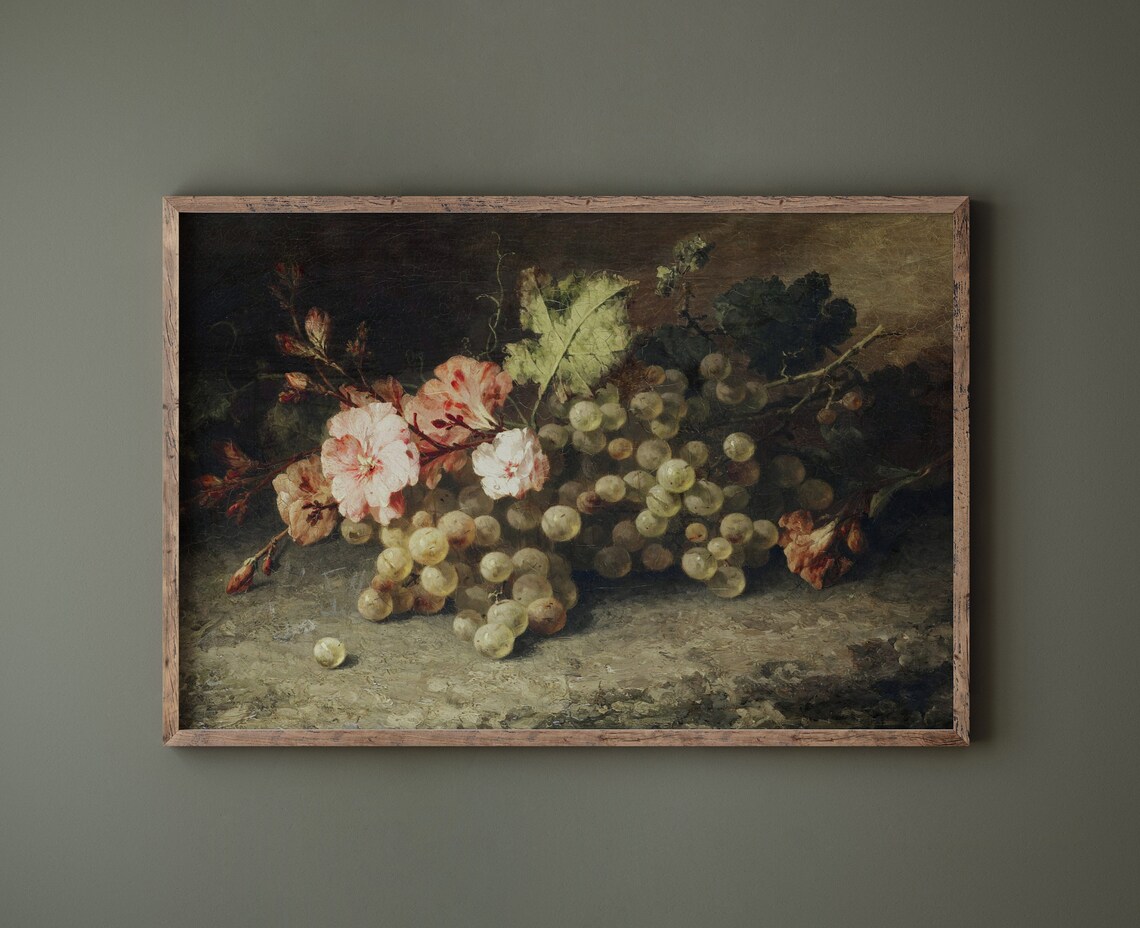 Antique Grapes And Flowers Dark Romantic Vintage Still Life Poster - Image 2