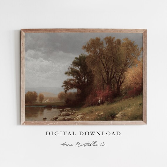 Quiet Riverbank with Autumn Trees Under a Stormy Sky Oil Poster