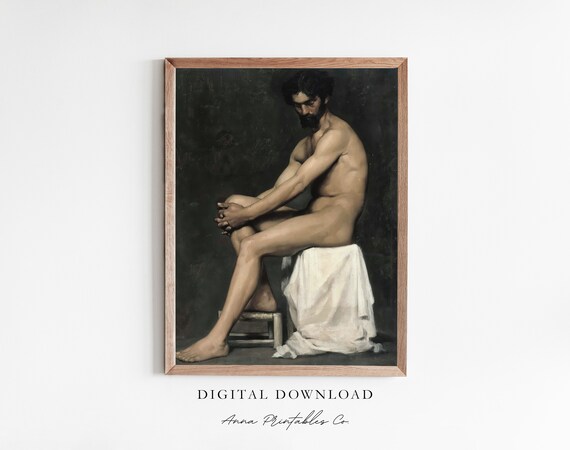 Seated Male Nude Academic Study Dark Classical Figure Drawing Print