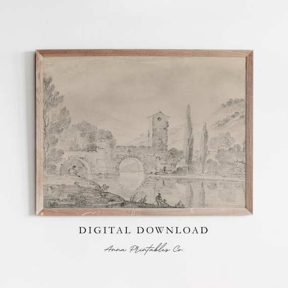 Three Arched Bridge Antique Italian Landscape Drawing For Vintage European Sketch Wall Art Fine Art Print
