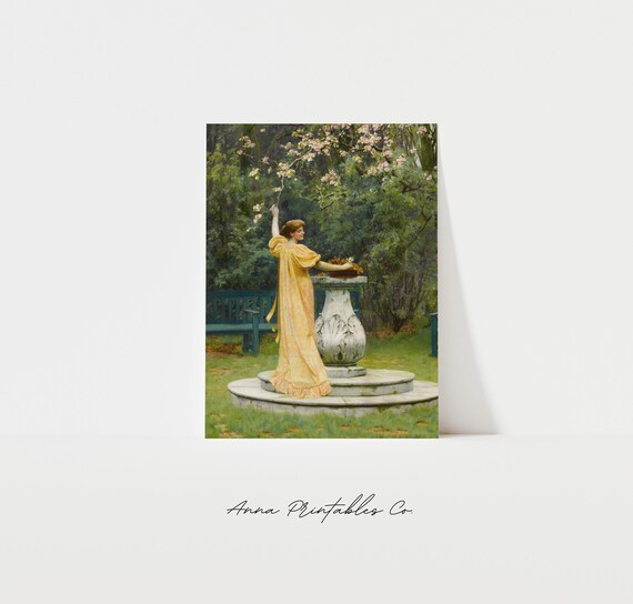 Woman in Yellow Gown Picking Blossoms in a Spring Garden Painting Poster