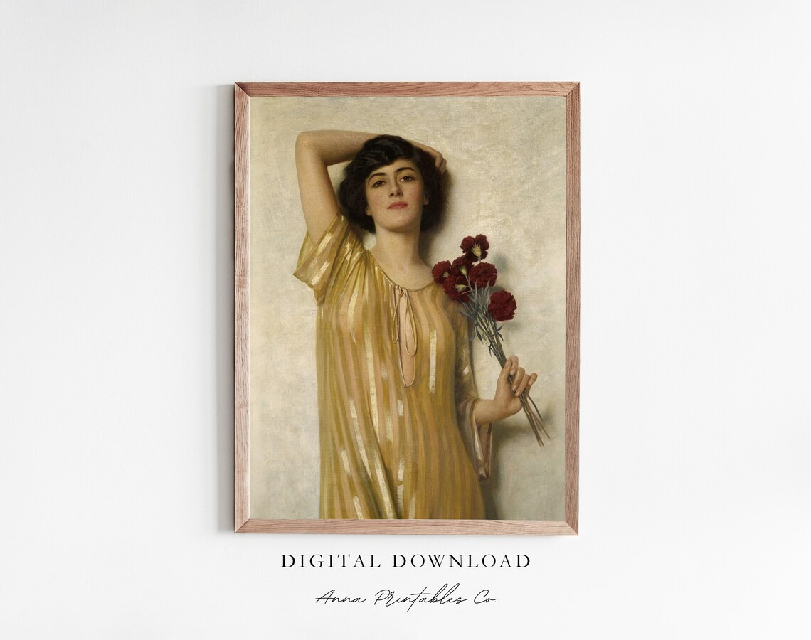 Woman In A Yellow Dress Antique Floral Portrait Painting Poster