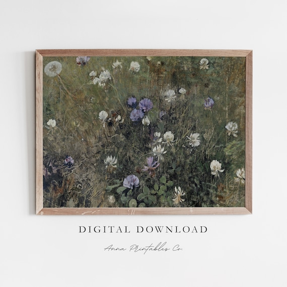 Field Of Clover And Dandelions, Vintage Oil Painting