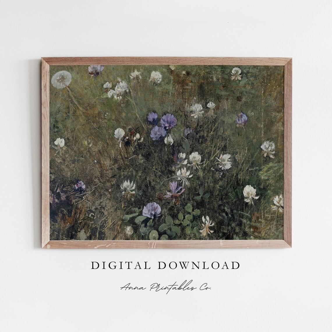Field Of Clover And Dandelions, Vintage Oil Painting