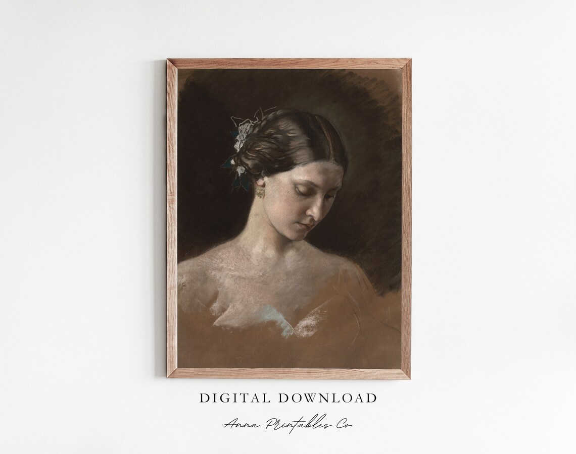 Portrait Of A Brown Haired Woman Antique Moody Portrait Painting For Fine Art Prints Dark Academia Wall Art