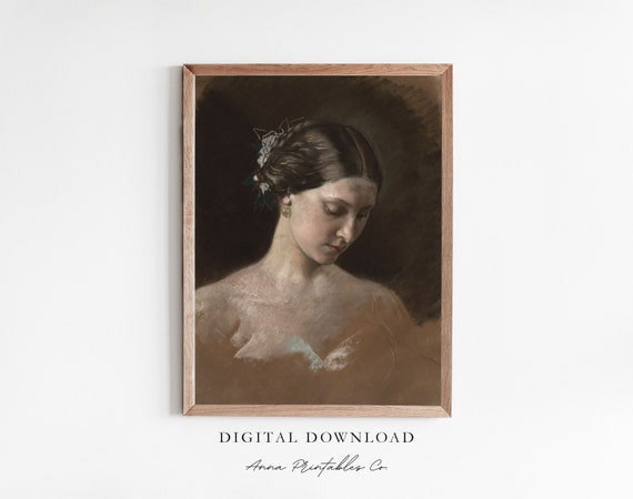 Portrait Of A Brown Haired Woman Antique Moody Portrait Painting For Fine Art Prints Dark Academia Wall Art