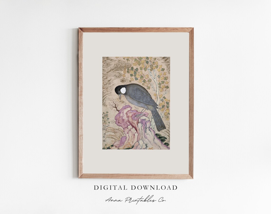 Persian Miniature Style Painting of a Black Bird on Rock Poster