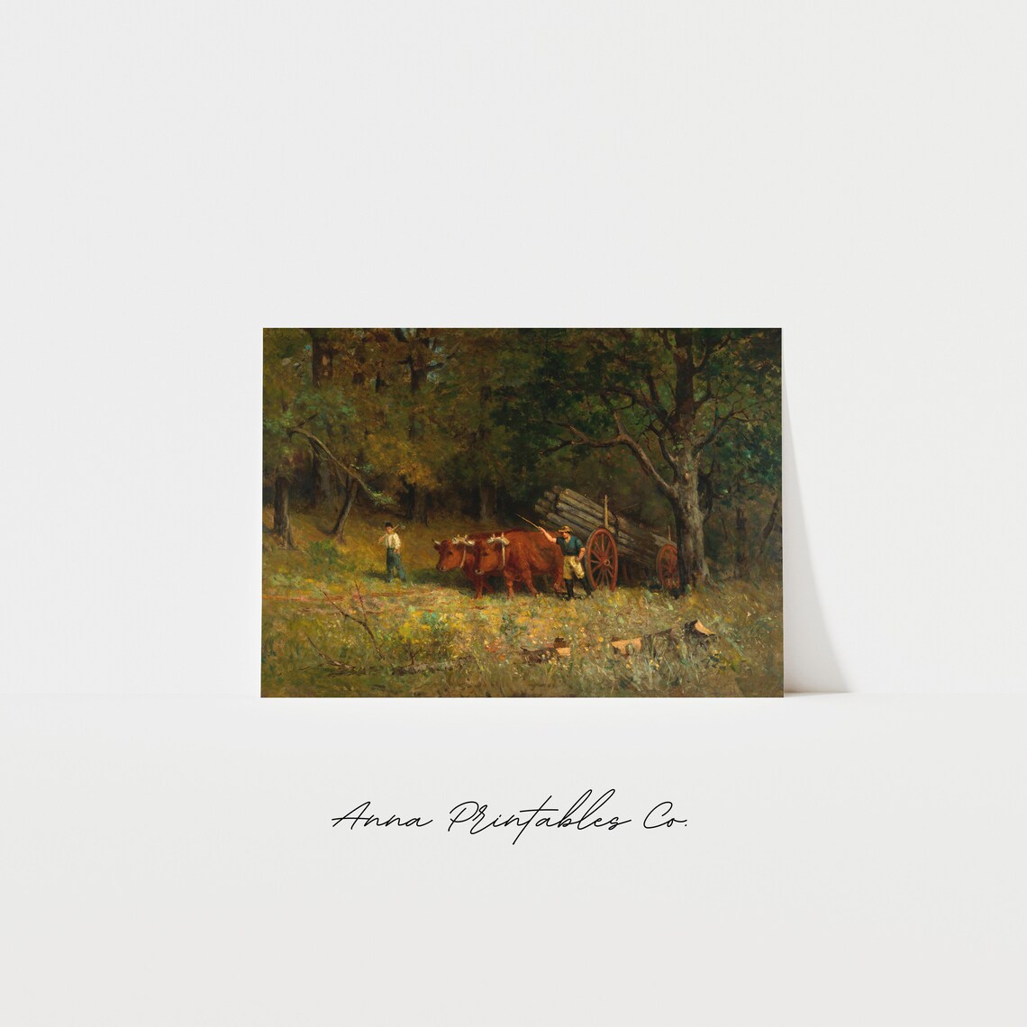 Farmers Guiding Ox Drawn Cart Through Autumn Forest Antique Poster
