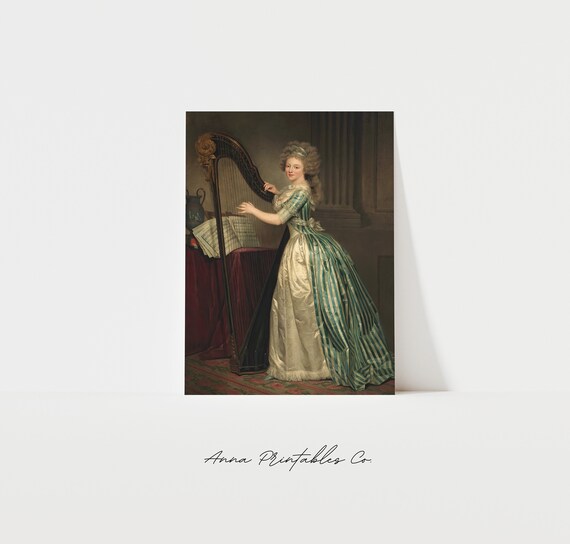 Elegant Woman Playing Harp Striped Gown Antique Portrait Poster