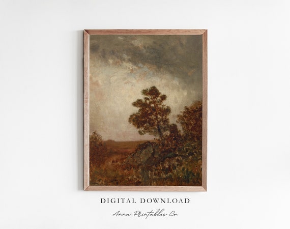Antique Fall Landscape Painting Vintage Autumn Wall Art Moody Fine Art Print Cottage Farmhouse Home Decor