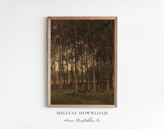 Dark Forest Vintage Oil Painting Dark Cottagecore Wall Art Antique Forest Painting Wall Art Prints Landscape