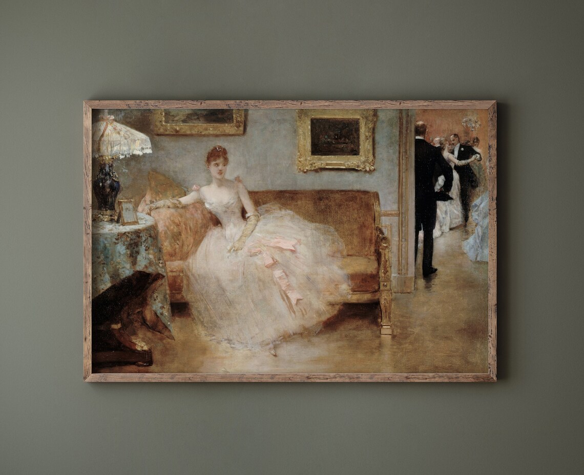 Lady in White Ball Gown Vintage Salon Oil Painting Art Poster - Image 2