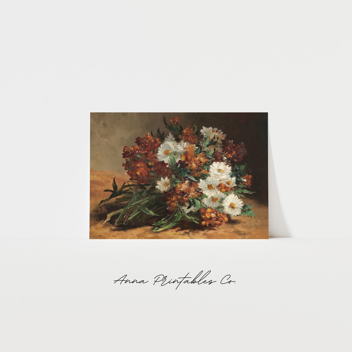 Vintage Bouquet Of Daisies Painting Moody Floral Wall Art Antique Still Life Art Cottage Farmhouse Decor