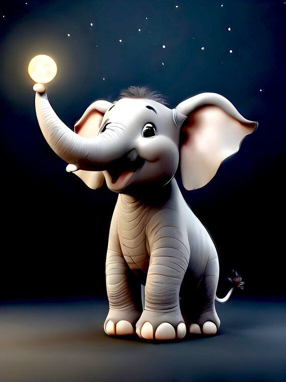 Cute Baby Elephant Catching the Moon Starry Night Nursery Poster