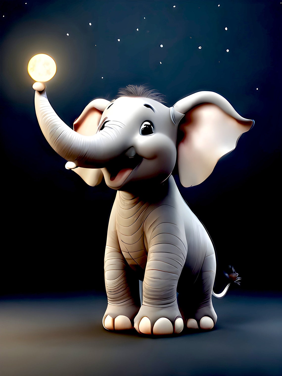 Cute Baby Elephant Catching the Moon Starry Night Nursery Poster