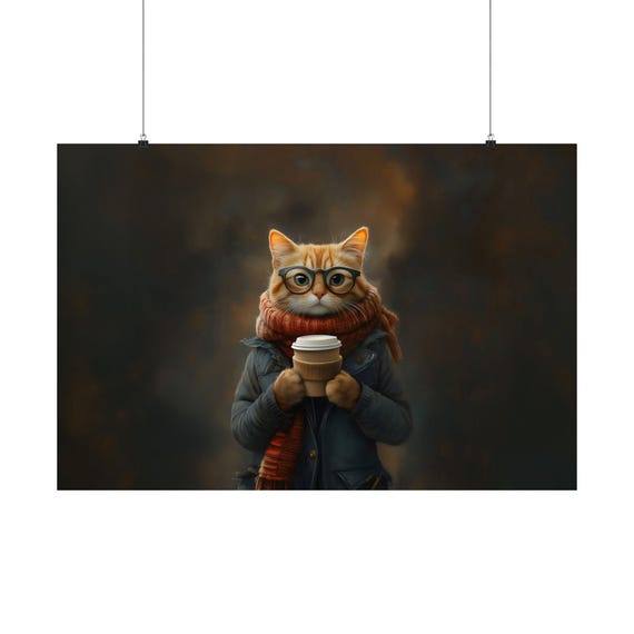 Hipster Cat Coffee Maximalist Eclectic Victorian Poster Print Bold Altered Party Animal Portrait Fantasy Fun Colorful Renaissance Rustic
