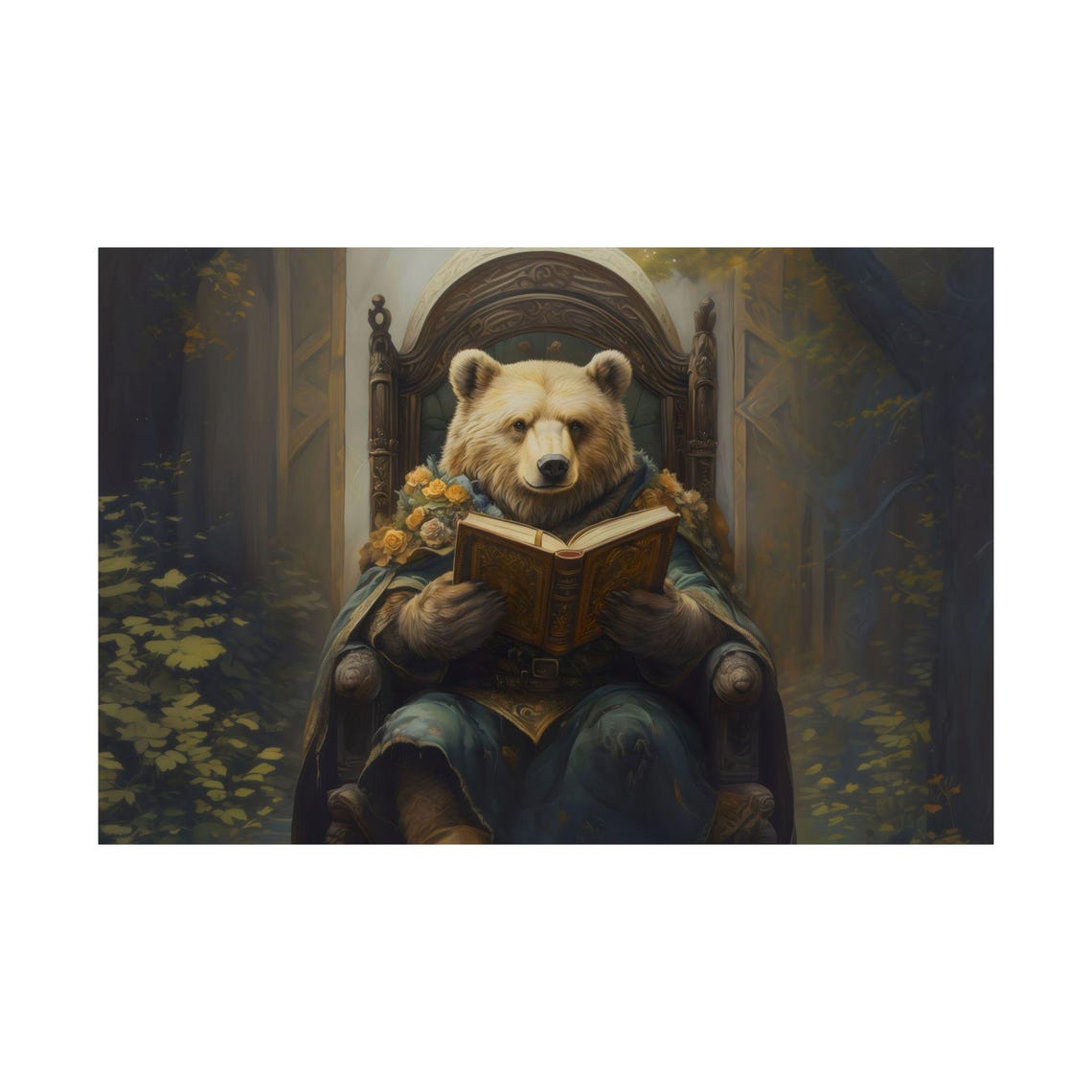 Scholar Bear Book Forest Chair Roses Fairytale Animal Wall Print - Image 2