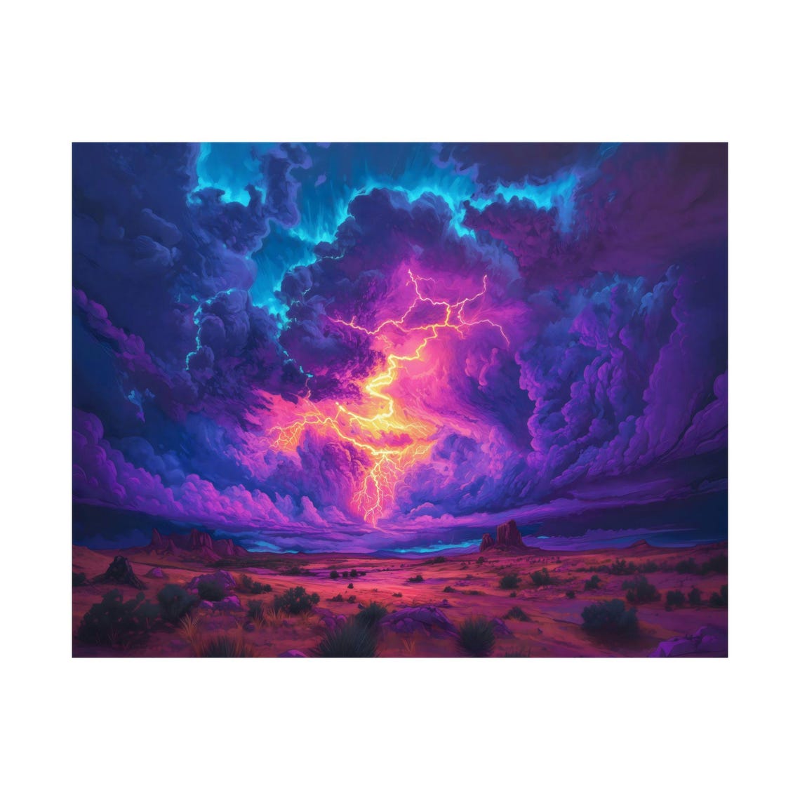 Neon Lightning Storm Raging Over Desert Mesas Landscape Poster - Image 3
