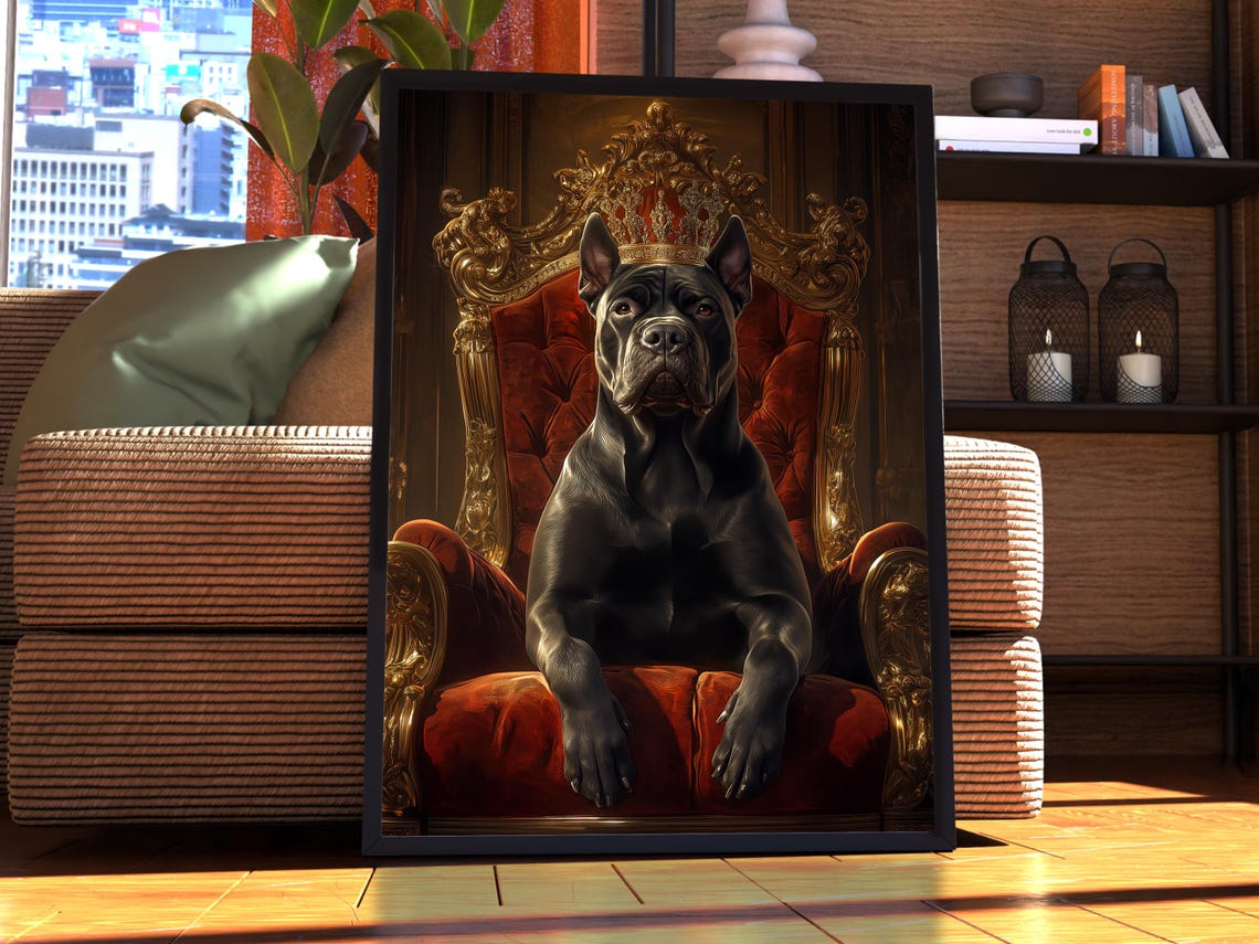 Black Cane Corso Dog Crowned on a Velvet Throne Portrait Wall Art