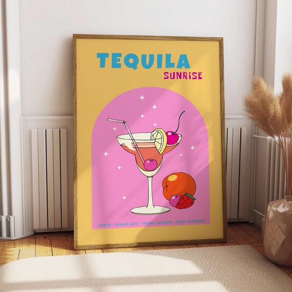 Tequila Sunrise Retro Cocktail Recipe Colorful Bar Decor Poster