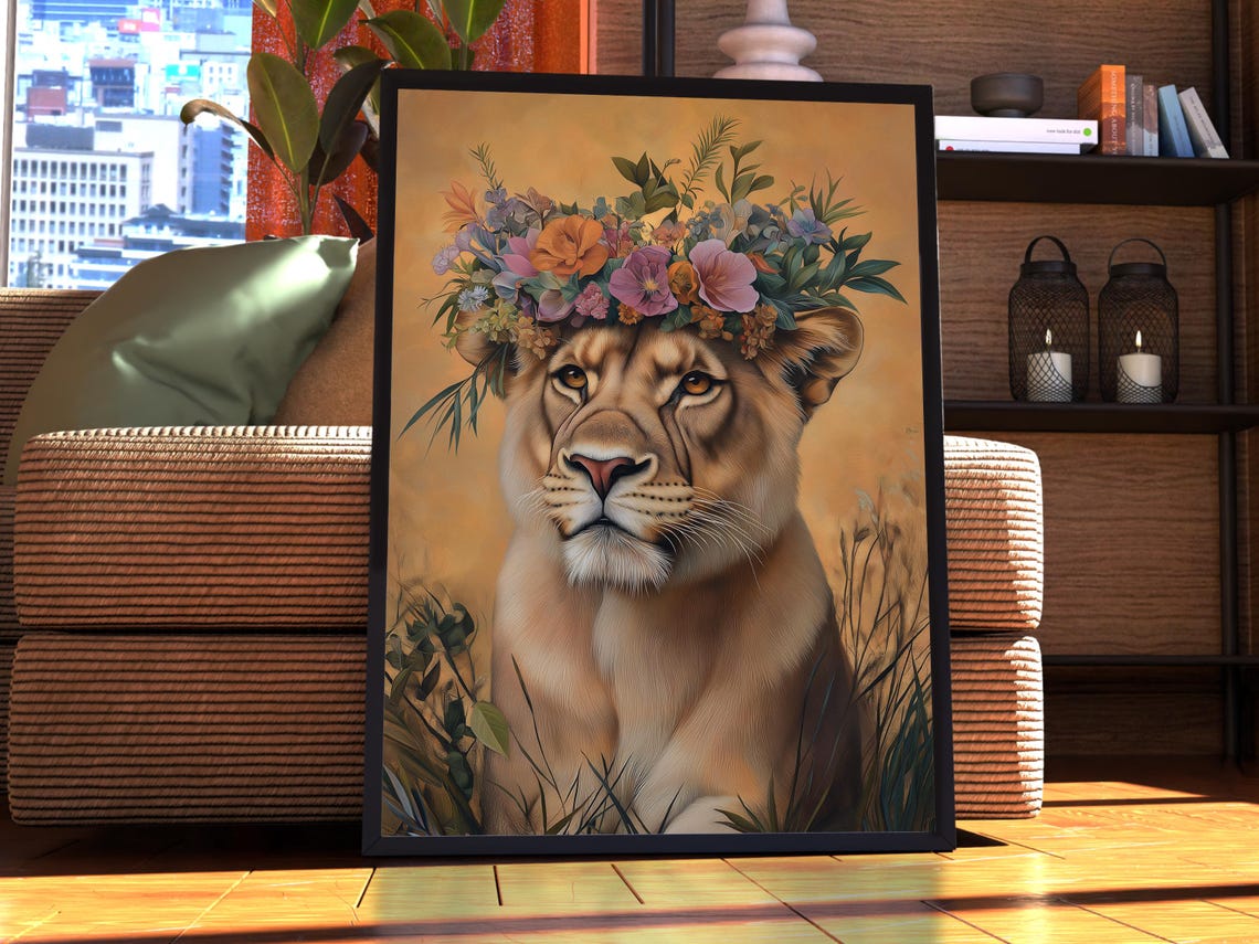 Regal Lioness With Wildflower Crown Golden Portrait Animal Poster