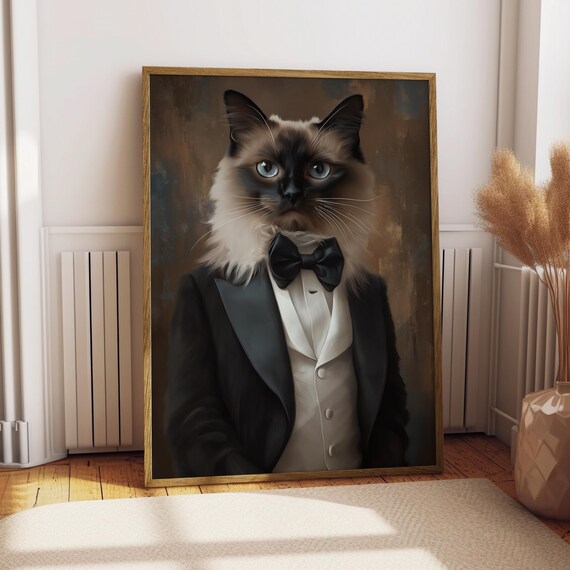 Balinese Cat in Tuxedo Bow Tie Elegant Formal Pet Portrait Poster