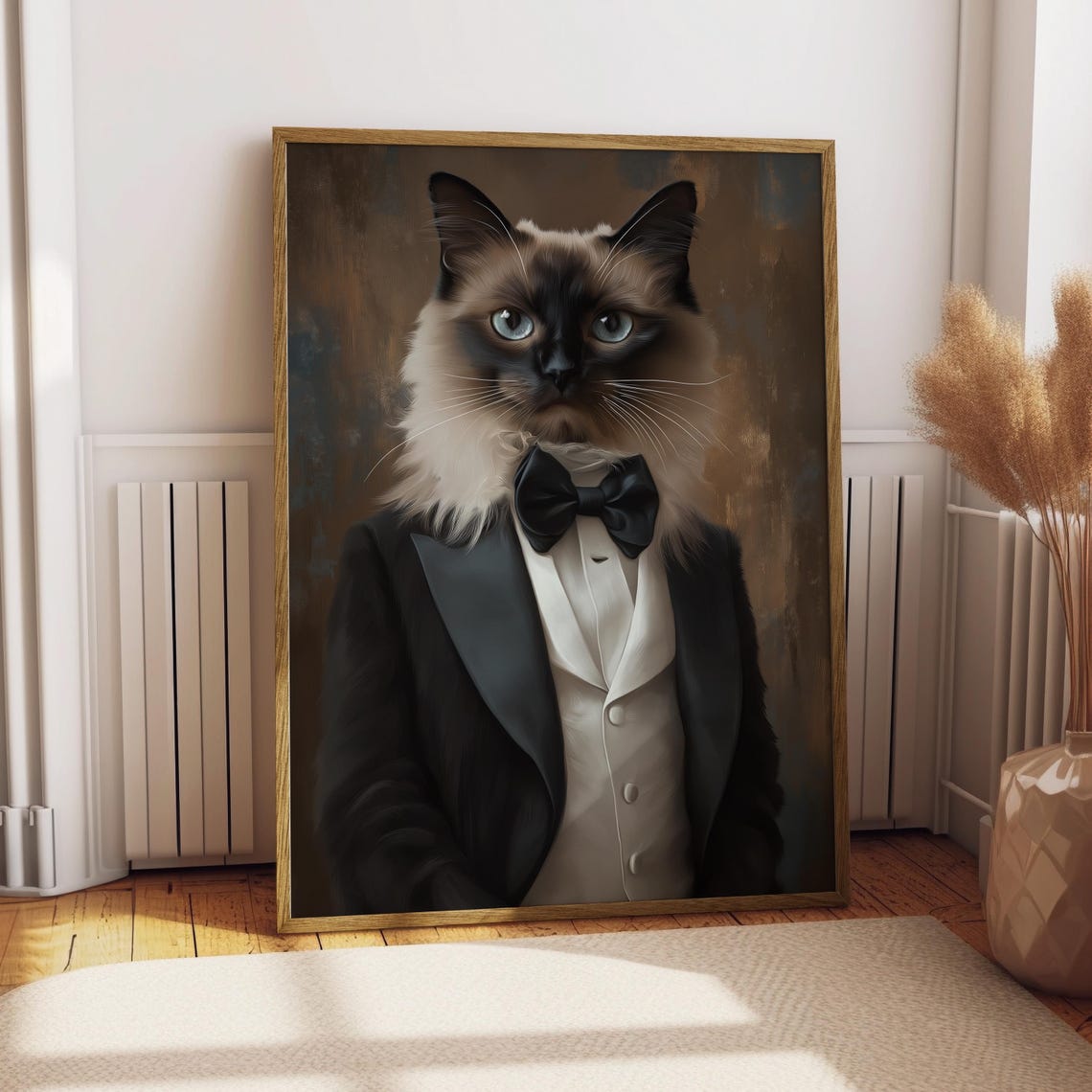 Balinese Cat in Tuxedo Bow Tie Elegant Formal Pet Portrait Poster