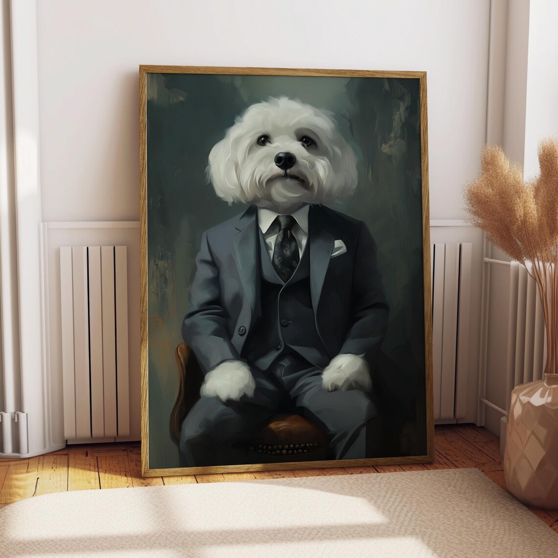 White Fluffy Dog In Suit Funny Pet Portrait Painting Wall Art