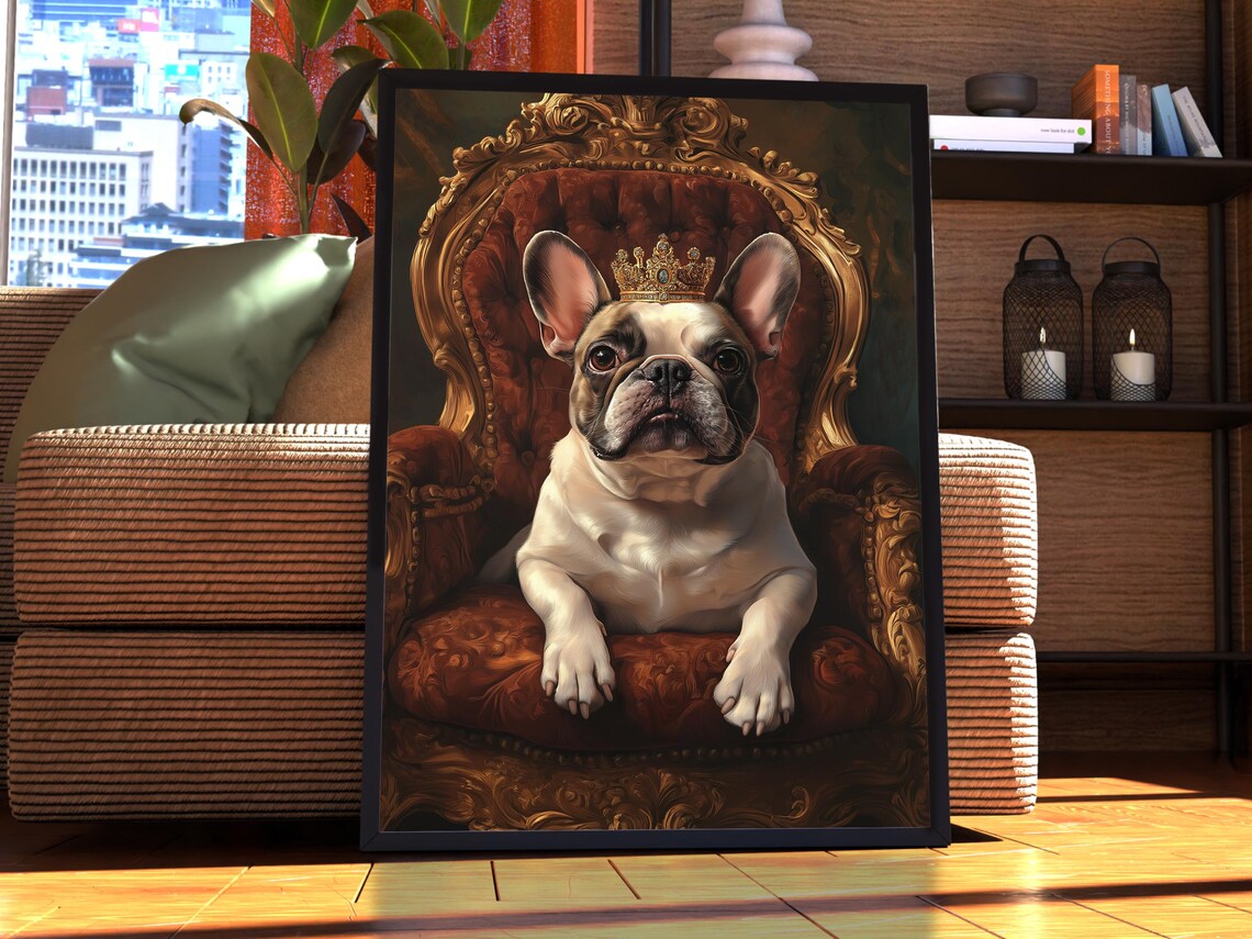 Royal French Bulldog Puppy Crown Throne Portrait Dog Art Poster