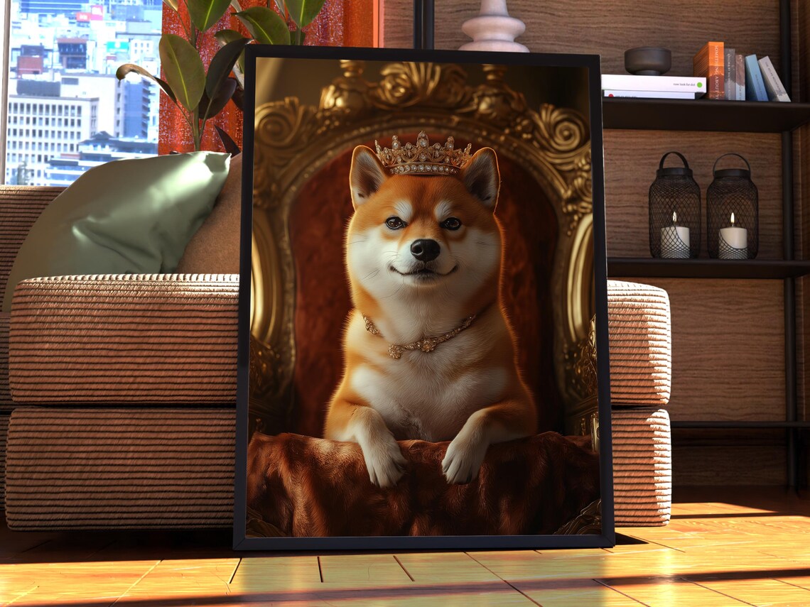 Shiba Inu Dog Royal Crown Velvet Throne Portrait Animal Poster