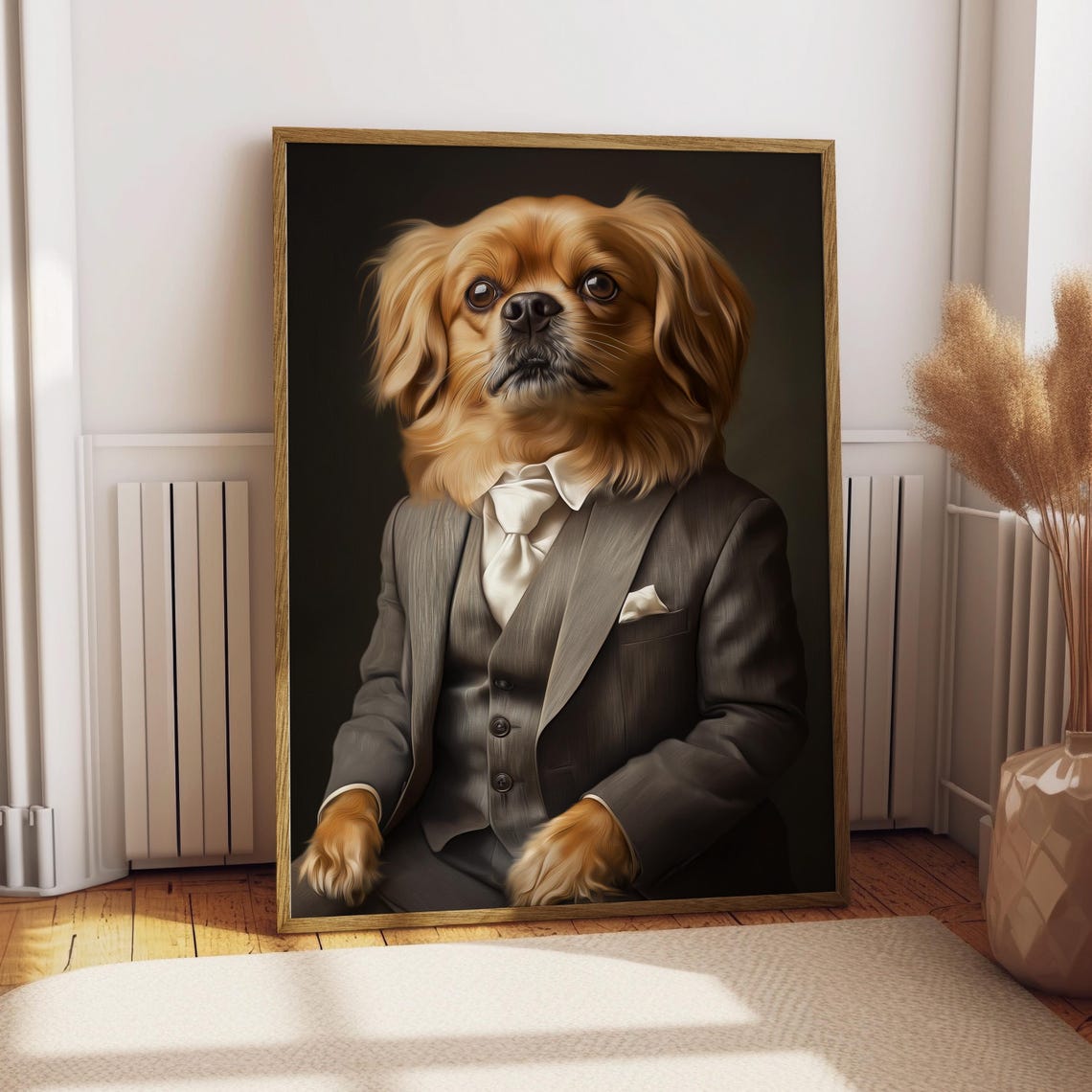 Tibetan Spaniel in Gray Three Piece Suit Portrait Print Gentleman Dog