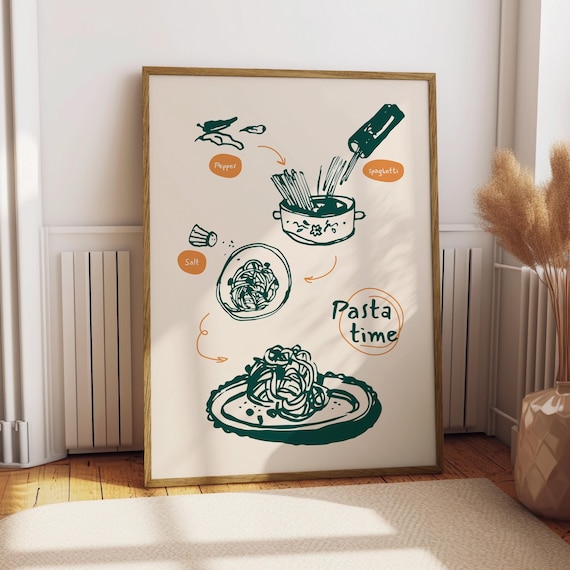 Pasta Time Illustrated Spaghetti Recipe Kitchen Decor Poster