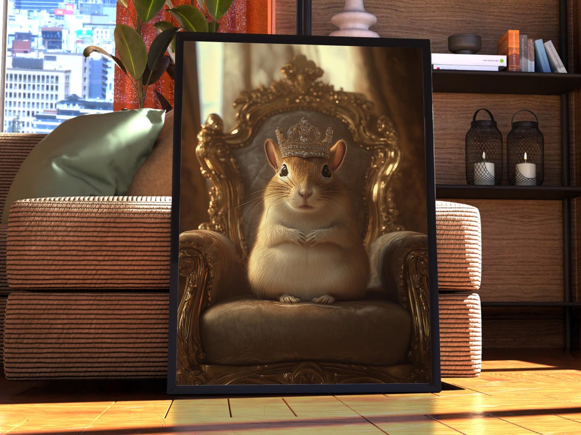 Cute Royal Gerbil Portrait Crowned King on Golden Throne Poster