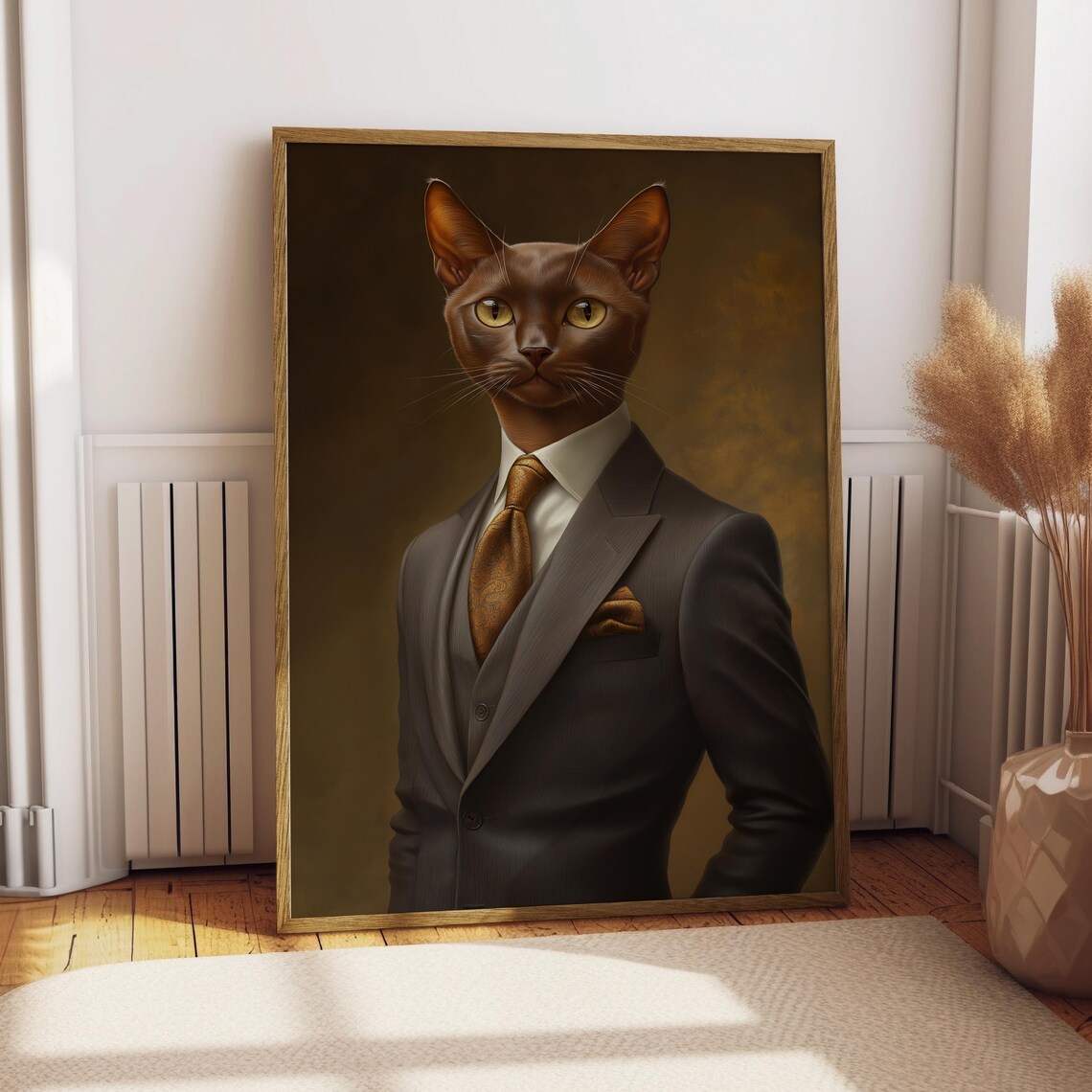 Brown Cat Portrait Gray Suit Charming Gentleman Feline Art Poster