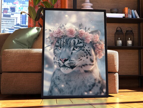 Maximalist Snow Leopard Poster Floral Animal Print Wall Art Portrait Vintage Funky Colourful