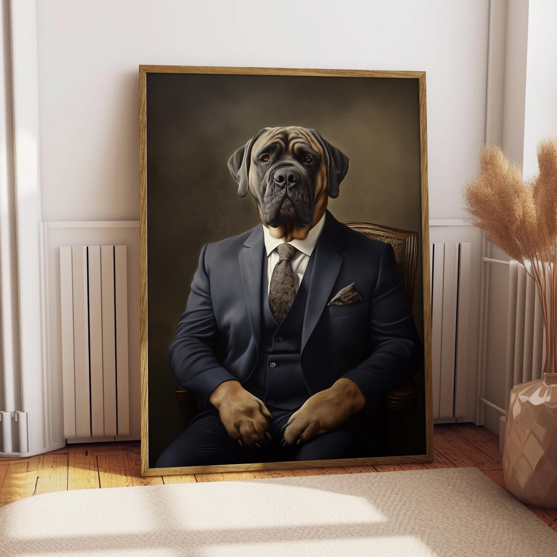 Mastiff Dog in Navy Suit Stern Pet Portrait Funny Large Breed Poster
