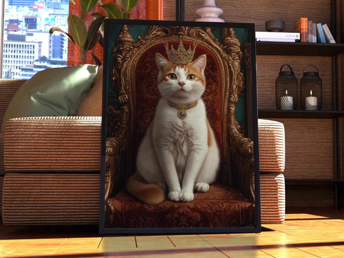 White and Ginger Cat Wearing a Crown on Throne Royal Portrait Poster
